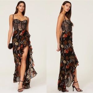 Katie May Black Floral Lace Bustier Maxi Dress | High Slit XS
